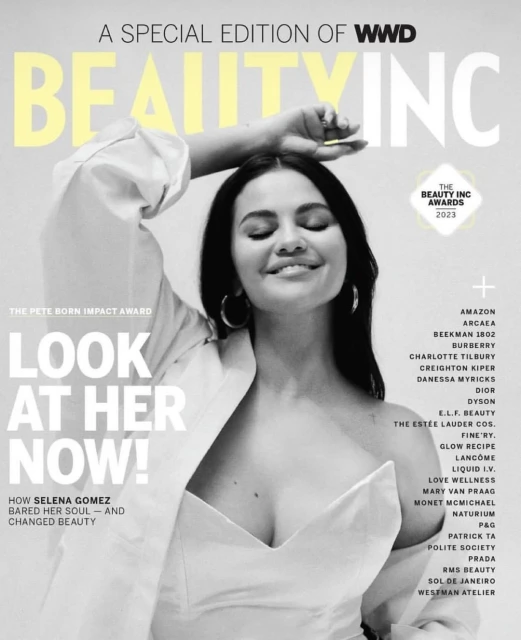 Beauty Inc. cover featuring Selena Gomez, with a close-up of her face and upper body against a light background with magazine text.