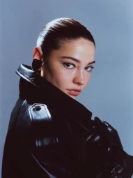 Portrait of a woman wearing a black leather jacket and gloves with slicked back hair against a grey background