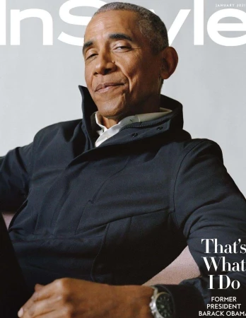 Magazine cover featuring former President Barack Obama in a dark jacket, seated indoors, showcasing a confident pose and a wristwatch.