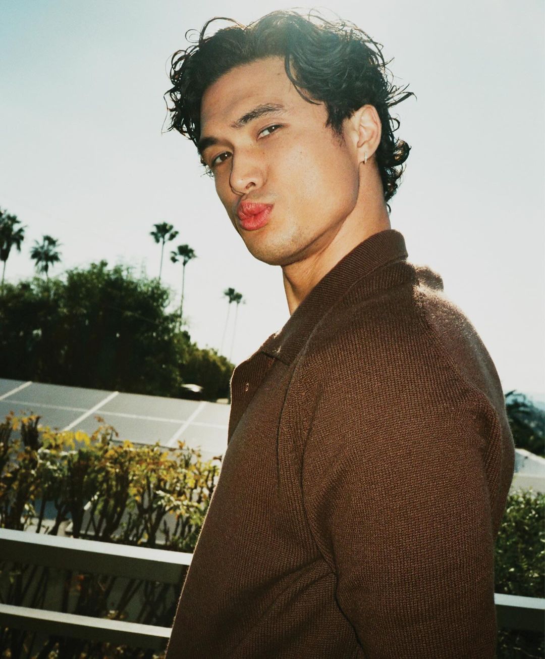 Portrait of a young adult male with curly dark hair, wearing a brown jacket, puckering his lips with palm trees and clear sky in background.