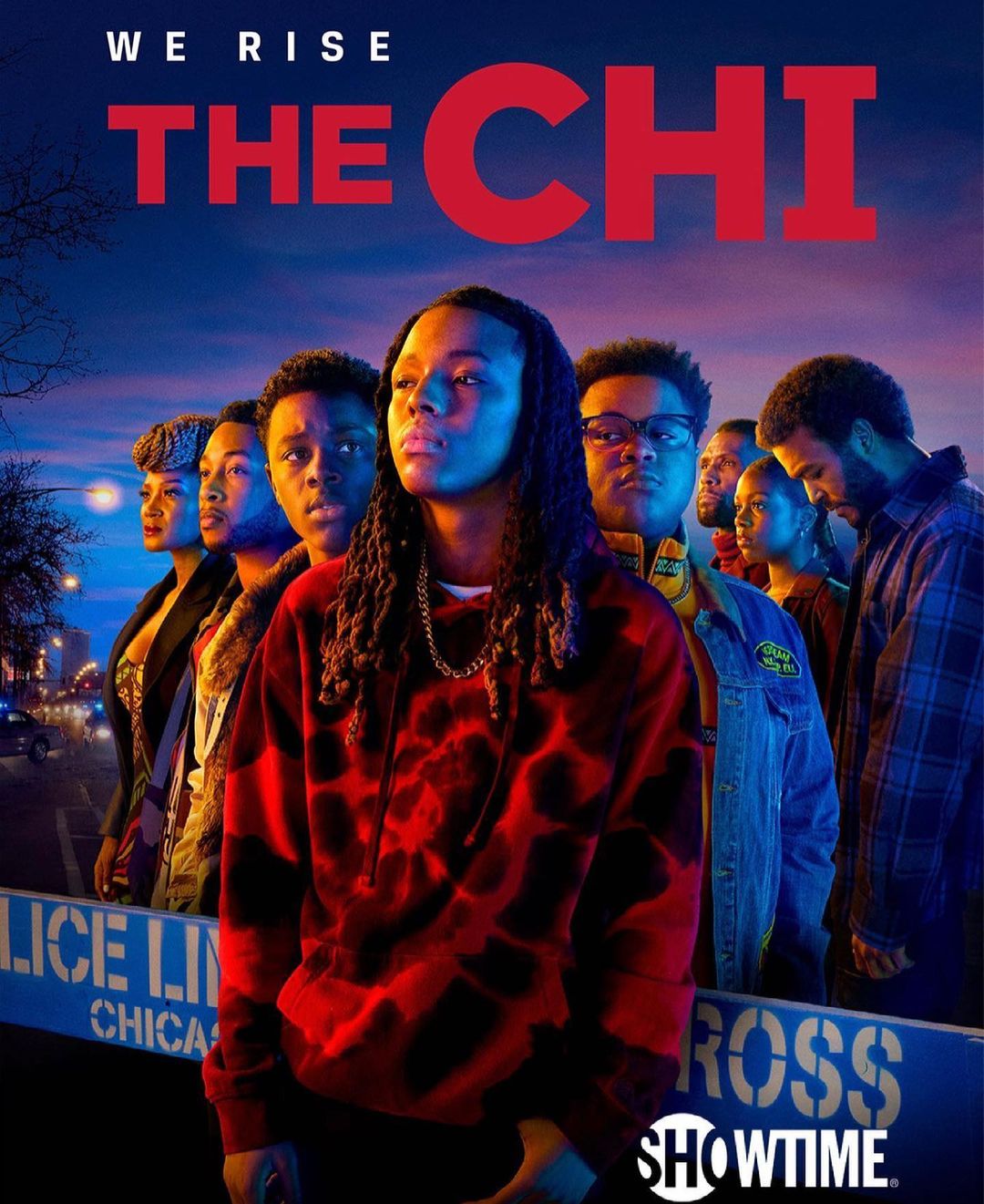 Poster image for 'The Chi' TV show with multiple African-American adults standing in a group at dusk. Showtime logo at bottom.