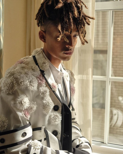 Portrait of a young adult with dreadlocks wearing a white jacket decorated with flowers, looking off to the side by a window.