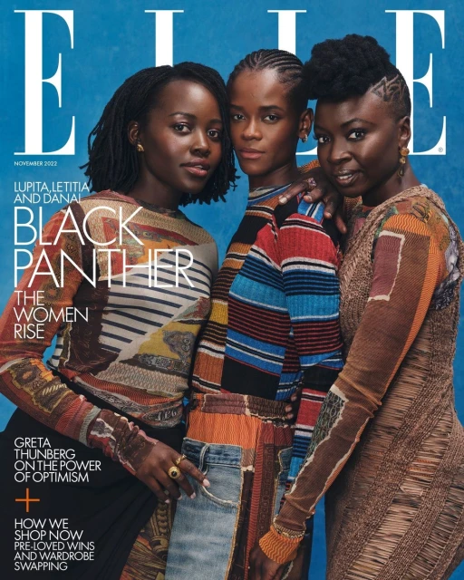Elle magazine cover featuring Lupita Nyong'o, Letitia Wright, and Danai Gurira in colorful patterned clothing against a blue backdrop.