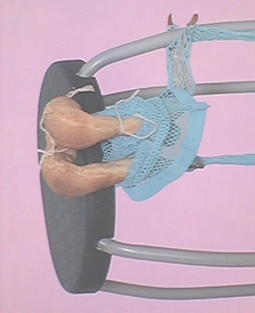 Abstract still life featuring a gray clothing rack, light blue net, and tan objects against a pink background, showcasing textures and colors.