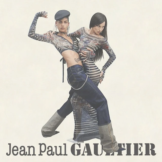 Two adult women pose in matching fashion-forward outfits against a neutral backdrop, showcasing Jean Paul Gaultier apparel and accessories.