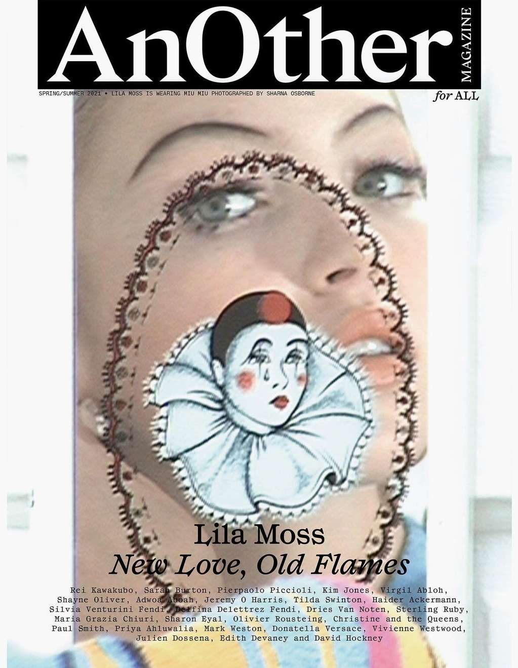 AnOther Magazine cover featuring Lila Moss and an illustration of a clown, close-up studio shot for a fashion editorial spread.