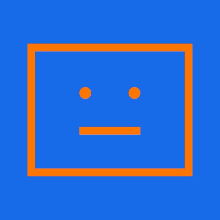 Abstract graphic art of a blue square with an orange border and simple face design; minimalist digital design with basic geometric shapes.