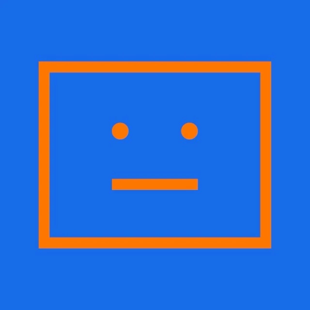 Abstract graphic art of a blue square with an orange border and simple face design; minimalist digital design with basic geometric shapes.