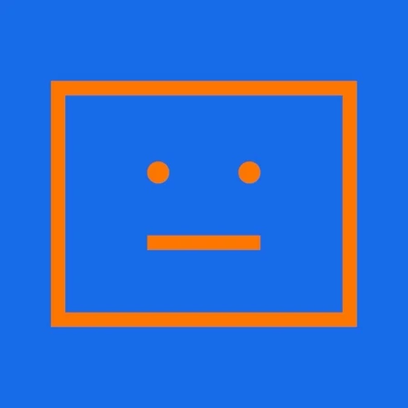 Abstract graphic art of a blue square with an orange border and simple face design; minimalist digital design with basic geometric shapes.