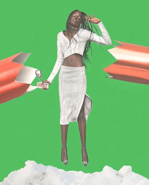 Digitally enhanced image of a woman in a white two-piece outfit levitating against a green background with white clouds and shattered rockets.