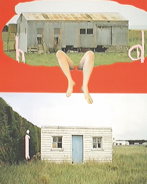 Surreal collage art featuring human legs between two rural buildings against a split red and white backdrop with natural elements.