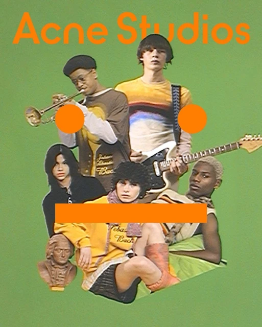 Group of models in a collage-style image promoting Acne Studios against a solid green background, featuring musical instruments.