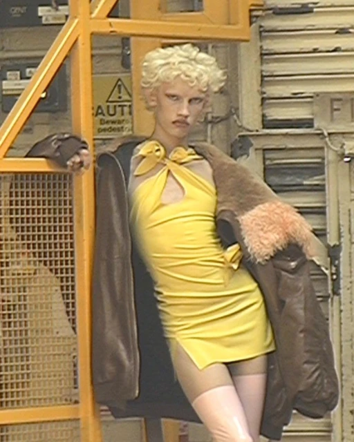 Person with blonde curly hair wears a yellow dress and brown jacket, posing near an industrial metal structure in daylight.