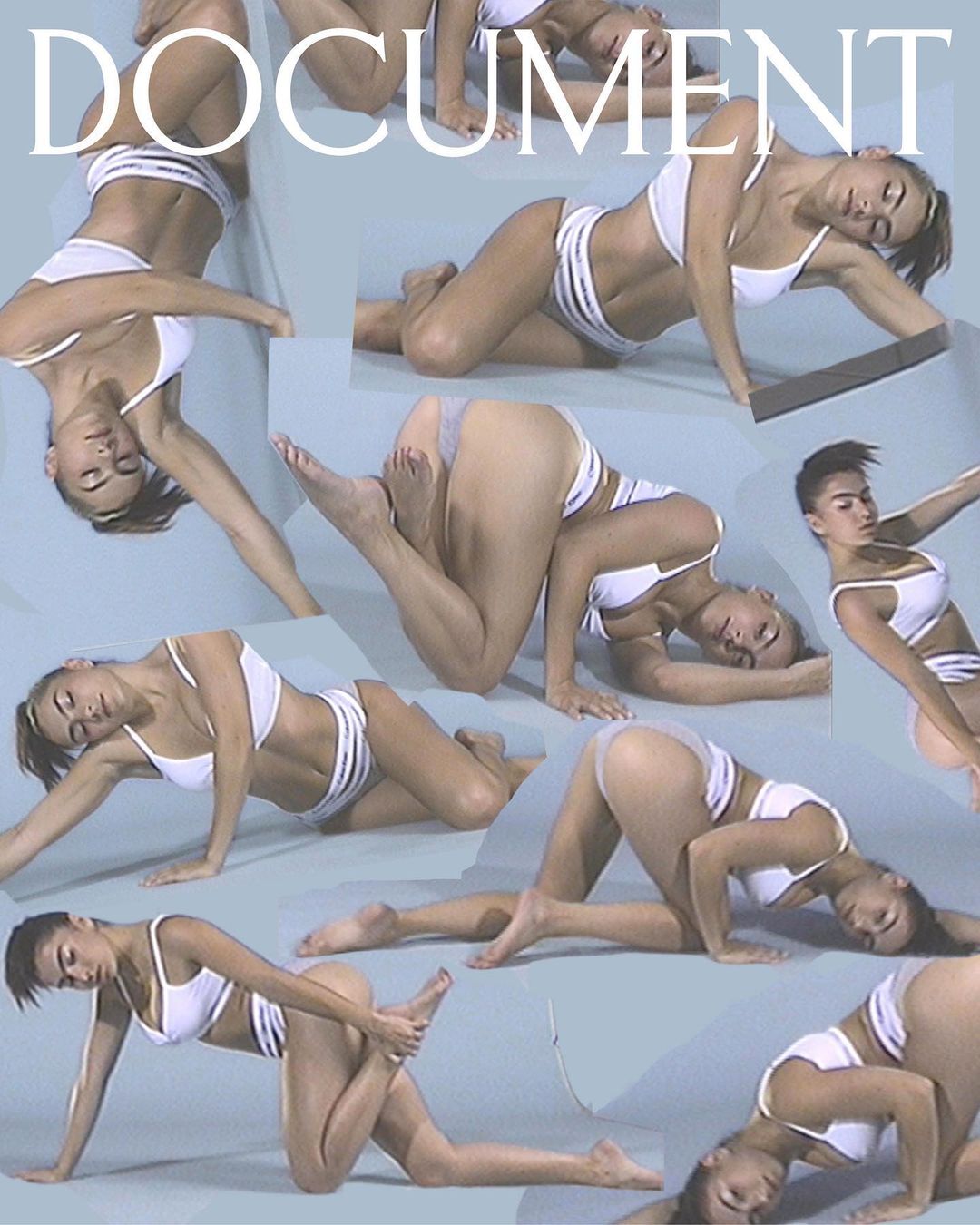 Collage of a young woman in athletic wear in various poses against a light blue background, showcasing fitness and flexibility.