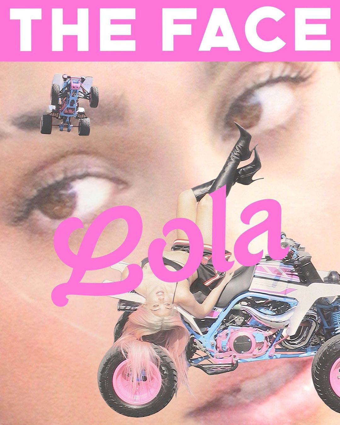 Magazine cover featuring woman on pink ATV with eyes in background, titled 'The Face'.