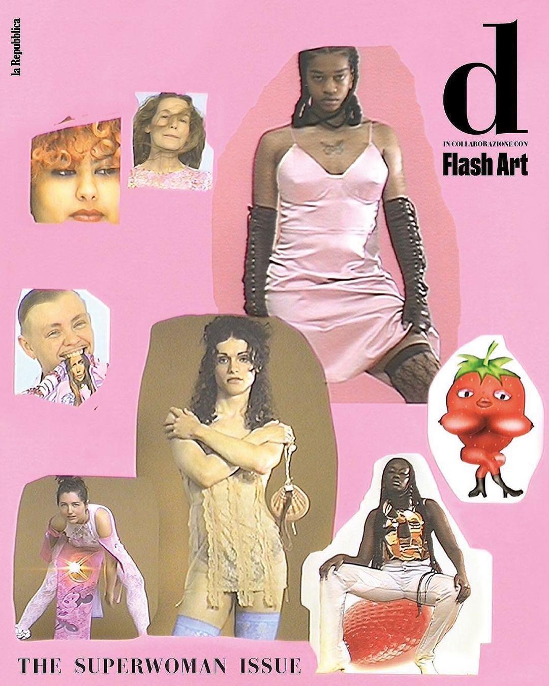 Magazine cover collage featuring diverse female portraits, fashion elements, and bold typography on a vibrant pink background.