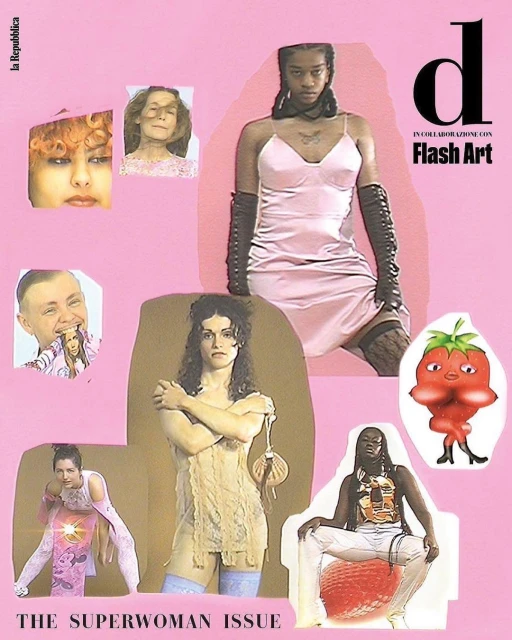 Magazine cover collage featuring diverse female portraits, fashion elements, and bold typography on a vibrant pink background.