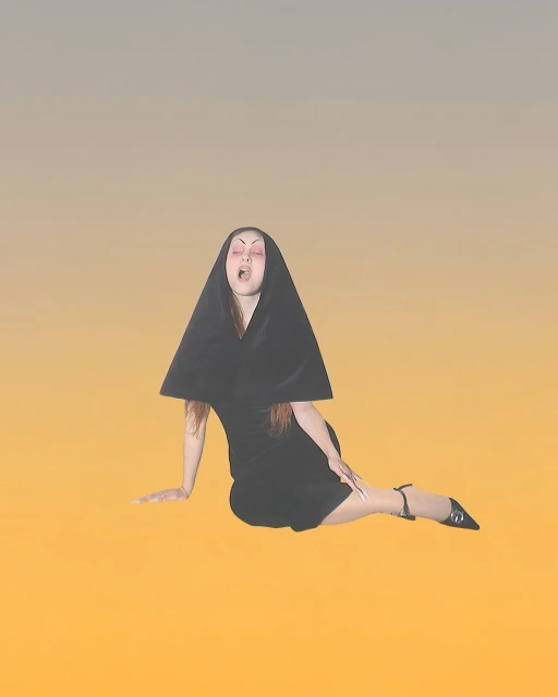 A woman in a black dress and head covering sits against a gradient orange and grey background with a dramatic expression and pointed toe heels.