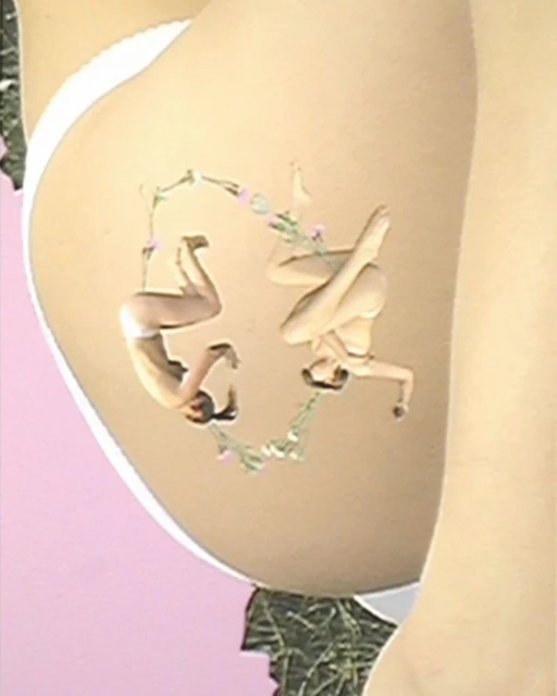 Artistic image of a woman's body with a digital art overlay featuring two nude female figures surrounded by a wreath of flowers.