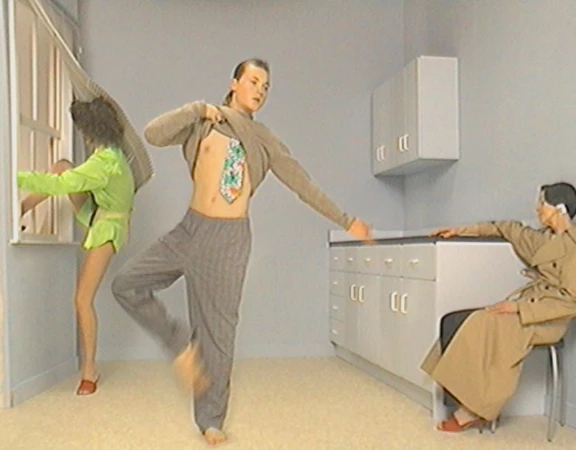 Three figures in an off-kilter domestic scene. One is dancing, another looks out the window, and a third sits talking on a phone.