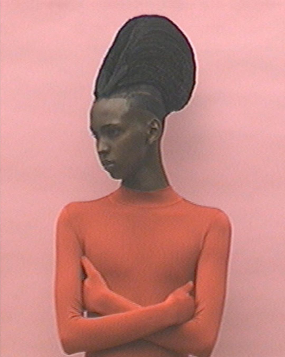 Portrait of a stylish adult female with tall, elaborate hairstyle and terracotta top against a light pink background, shot indoors.
