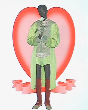 A person in costume holding a white rose, standing against a heart-shaped backdrop with a ribbon. The colors are light and soft.