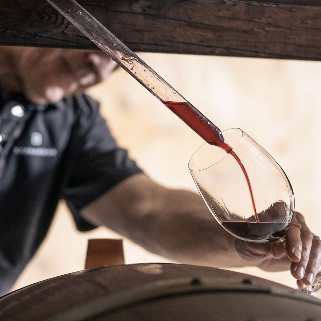 Wine sampling: wine flows through a clear glass tube into a wine glass, held by an adult with a wooden barrel in view.