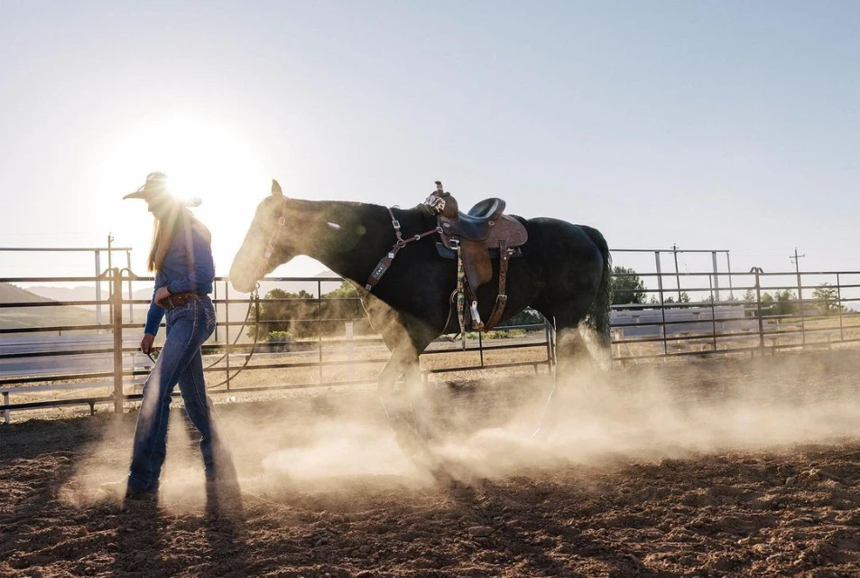 A woman in cowboy attire walks a horse in an outdoor paddock, with dust kicking up in the sunlight, showcasing rural ranch life.