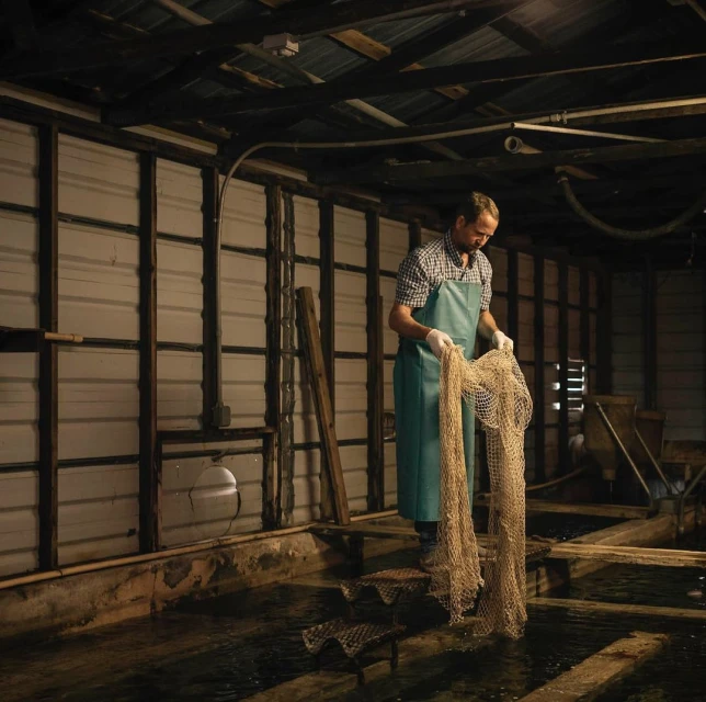 Man in an apron holds a fishing net while standing in a rustic indoor fish farm, with water tanks and worn wooden structures.