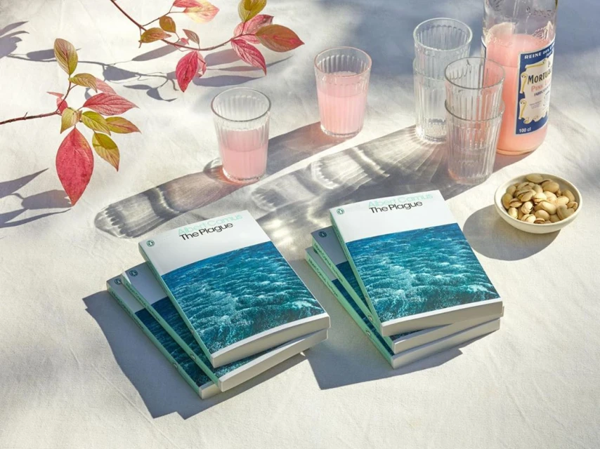 Still life of books, glasses of pink lemonade, and pistachios on a white tablecloth with a branch of leaves casting shadows.