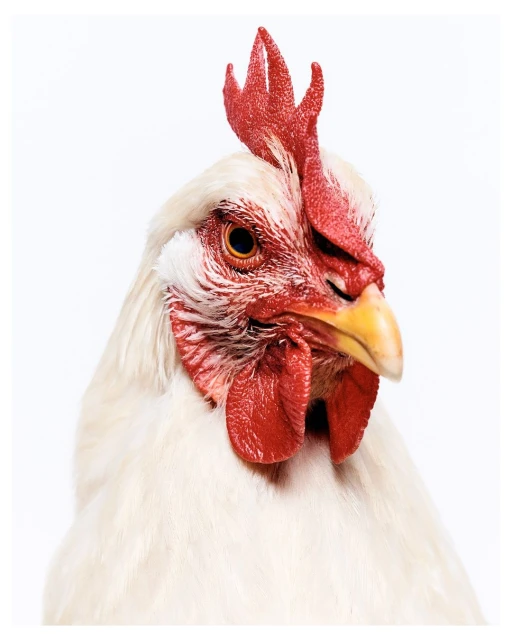 Close-up of a white chicken with a red comb and wattle against a bright white background, showcasing its vibrant colors and detailed feathers.