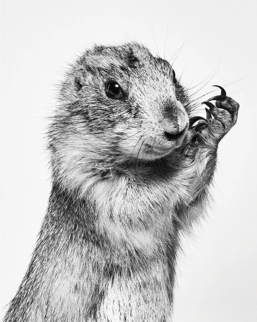 Black and white portrait of a prairie dog standing upright, with its paw near its face, looking directly at the camera against a white backdrop.