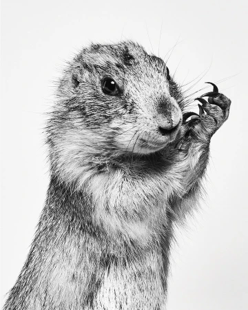 Black and white portrait of a prairie dog standing upright, with its paw near its face, looking directly at the camera against a white backdrop.