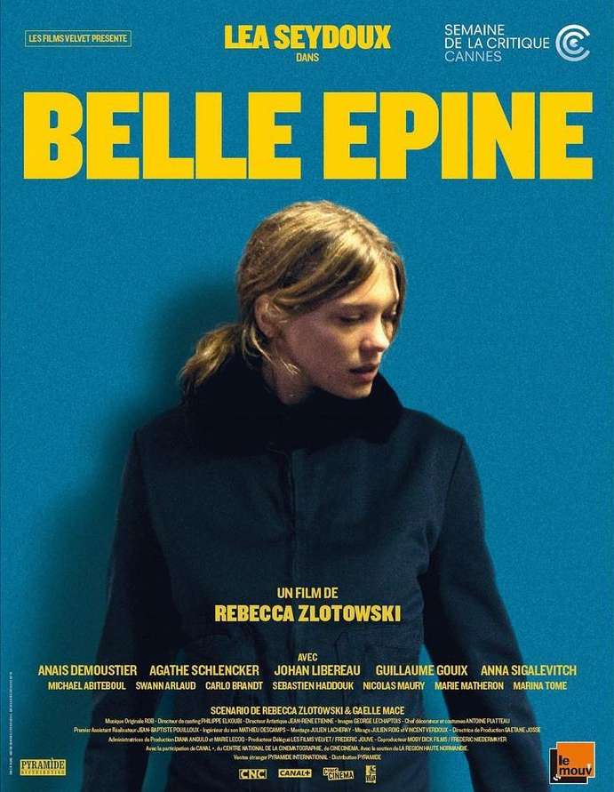 Movie poster for 'Belle Epine' featuring Lea Seydoux against a blue background with the title in yellow text, evoking a cinematic mood.