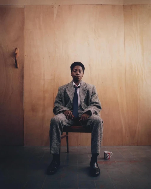 An African American person in a grey suit and tie sits on a wooden chair against a wood panel wall in a photo studio.