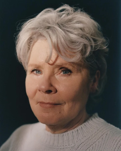 Headshot of an elderly woman with gray hair and a white sweater against a dark background, captured with soft, diffused studio lighting.