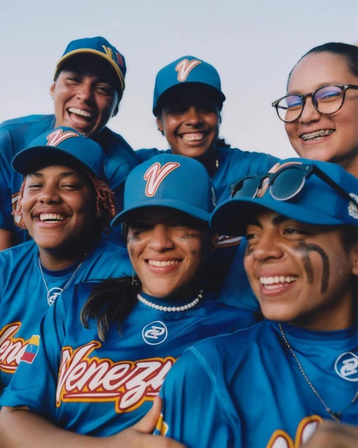 Group portrait of six smiling women in blue baseball uniforms and caps, posing against a bright background, showcasing team spirit.