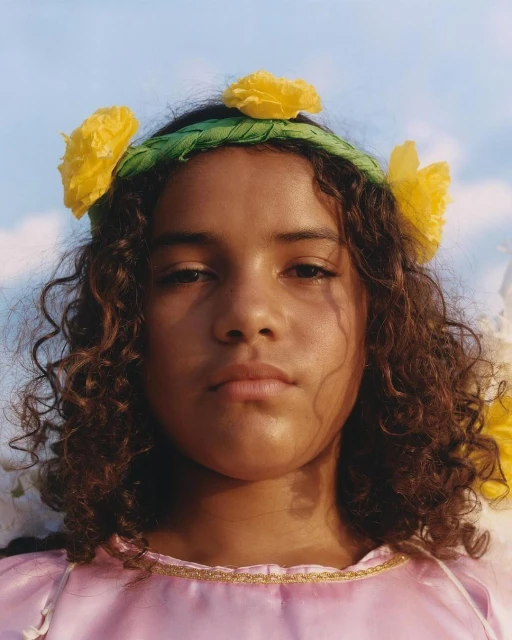 Portrait of a child with curly hair wearing a flower crown and pink top against a blue sky background, shot in medium close-up.