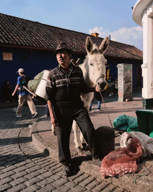 Elderly man in hat poses with white donkey in a sunny outdoor scene with cobblestone street and colorful buildings in the background.