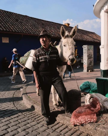 Elderly man in hat poses with white donkey in a sunny outdoor scene with cobblestone street and colorful buildings in the background.