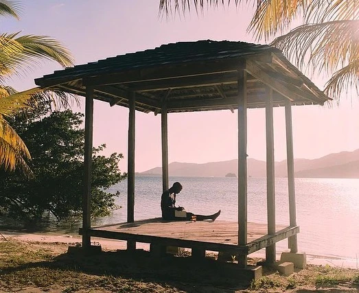 Person sitting in a gazebo overlooking ocean with tropical foliage, mountains, and a light pink sky, creating a serene and tranquil scene.