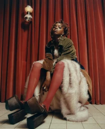 Low-angle portrait of a woman in platform heels, red tights, and a fur coat sitting before red curtains.