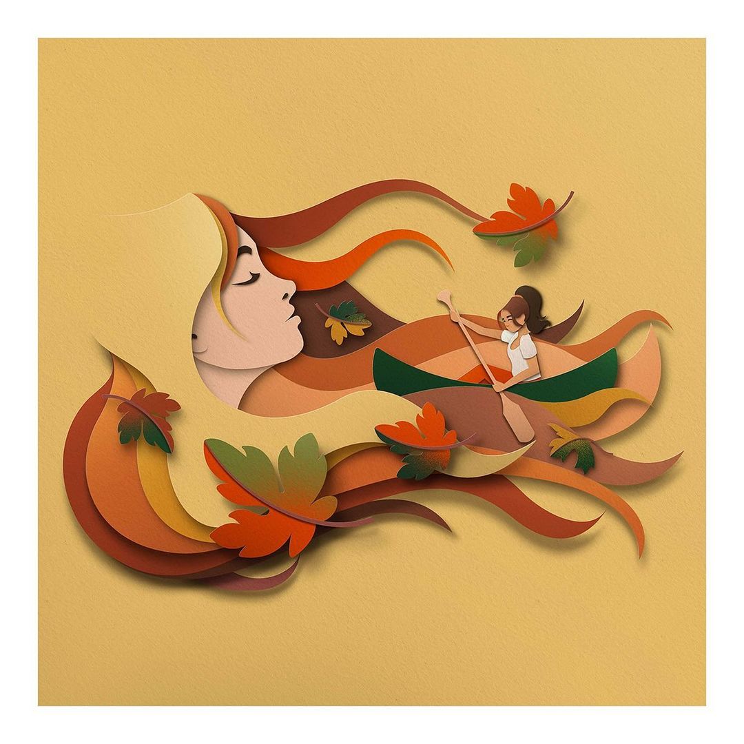 Paper art illustration of a woman's face, a girl rowing a boat on water, and autumn leaves on a mustard yellow background.