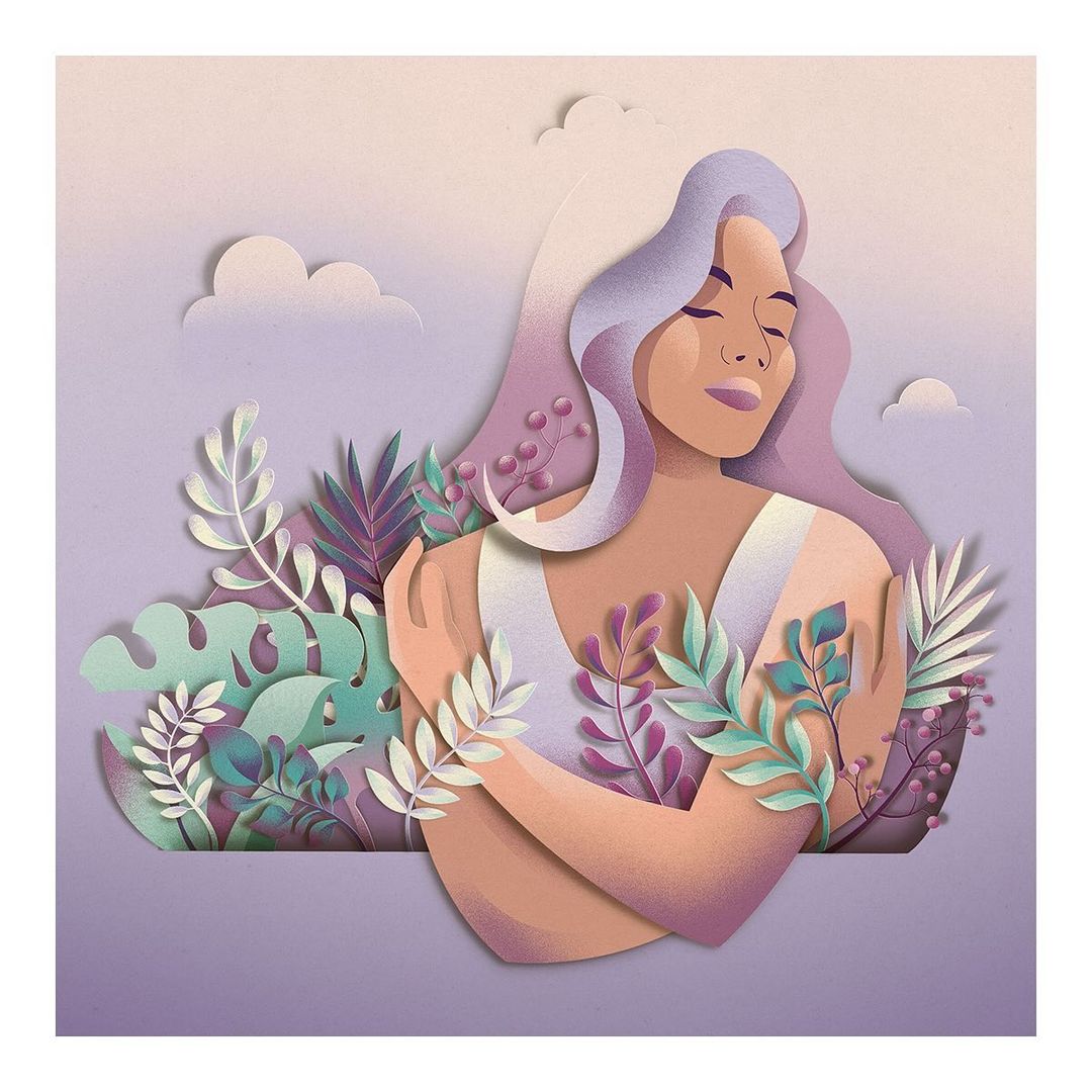 Illustration of a woman with closed eyes embracing herself, surrounded by botanical elements, rendered in a layered paper-cut style.