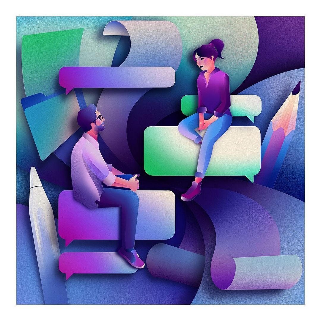 Illustration of a man and woman sitting on chat bubbles with a pencil and folder in the background. Conversation concept.
