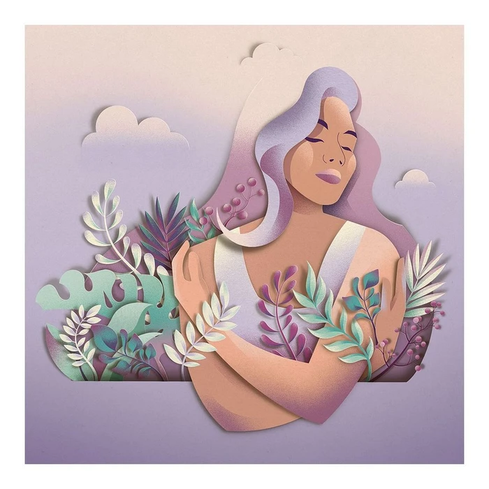 Illustrated paper art portrait of a woman with purple hair surrounded by layered botanical foliage and clouds against a soft purple background.