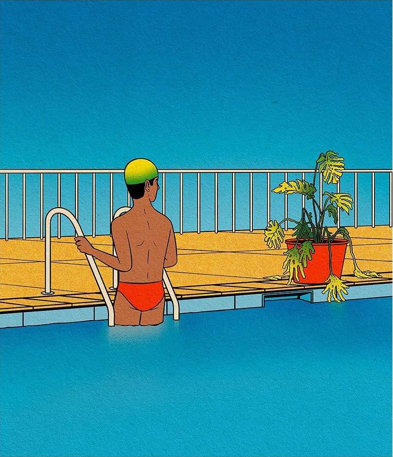 Illustration of a person in a swimming pool wearing a swim cap and swimsuit, with a plant in a pot next to the pool.