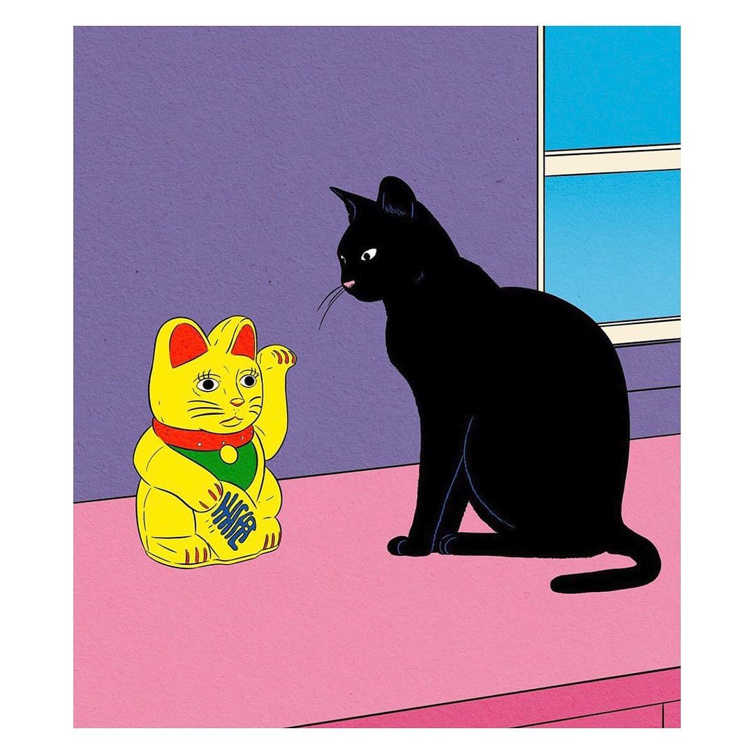 Illustration of a seated black cat facing a yellow maneki-neko figurine on a pink surface against a purple wall with blue window.