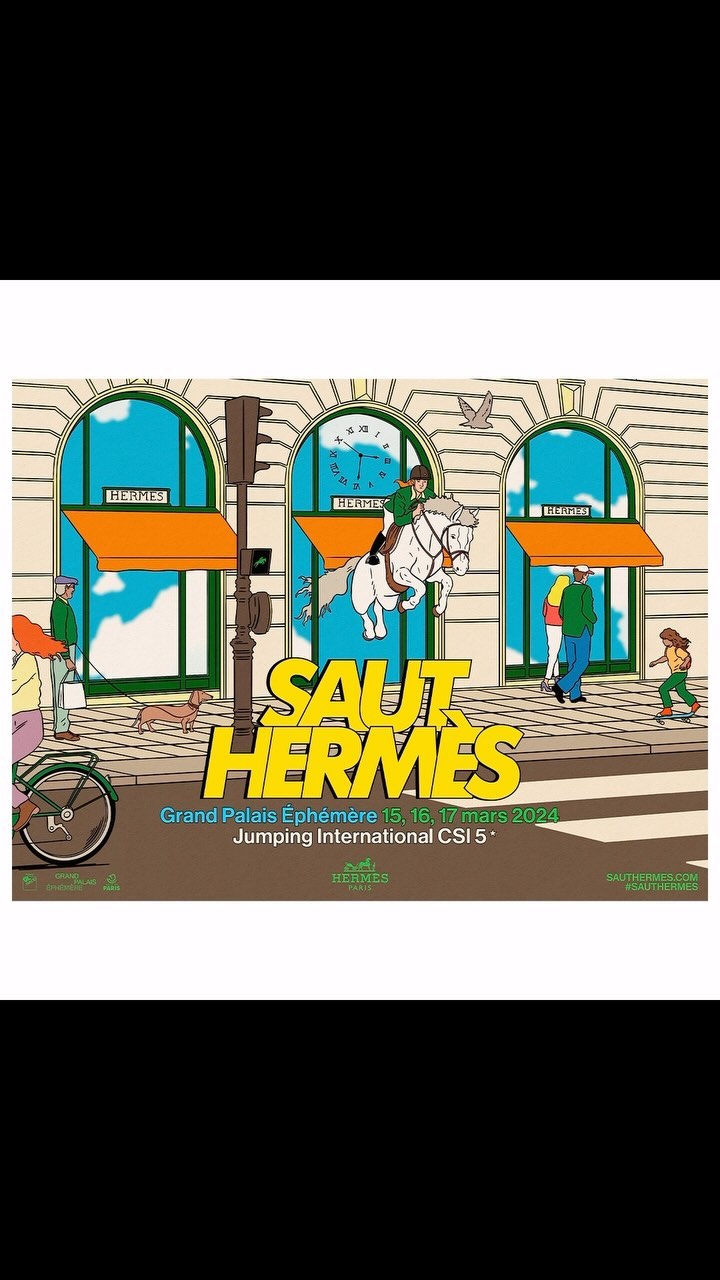 Illustration for Saut Hermes equestrian event featuring horse and rider, architecture, and urban elements. Cartoon-style art.