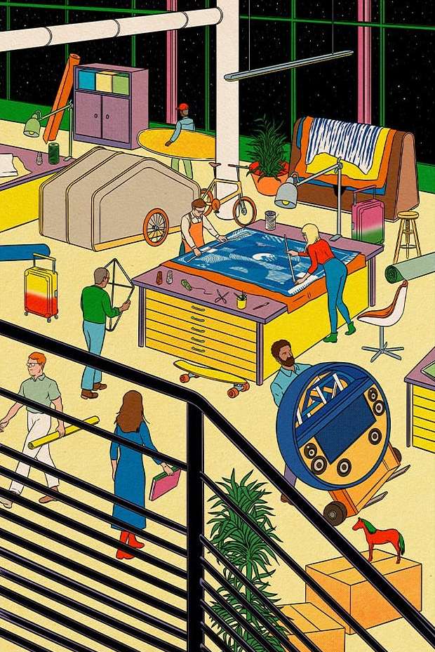 Illustration of an open-plan creative workspace with people working on various projects, from crafting to transporting equipment, vibrant color palette.